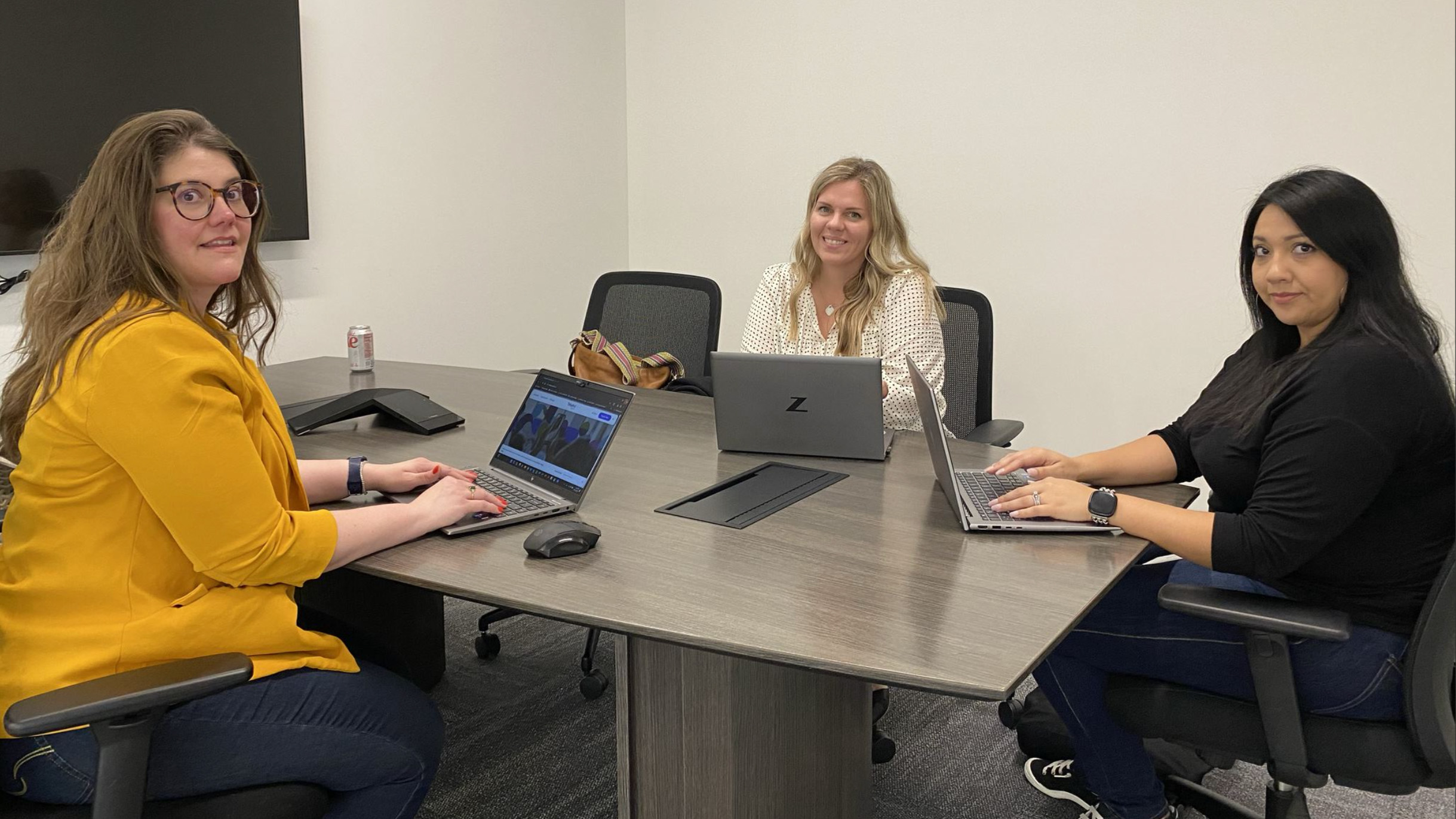 People sitting around a table using laptops