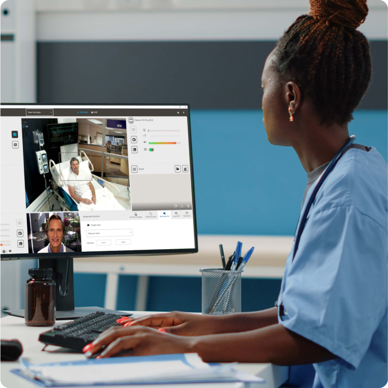 Nurse on virtual call with doctor and patient 