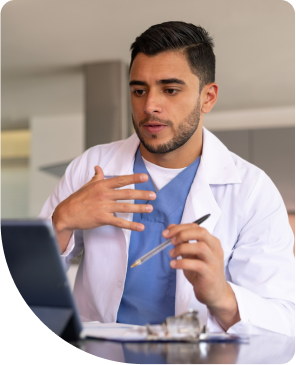 Doctor explaining diagnosis via videocall through a tablet