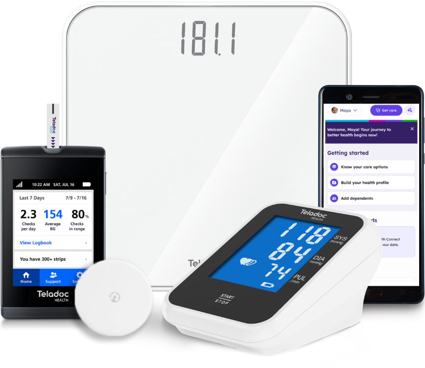 Lockup of Teladoc Health devices, the scale, blood pressure cuff, and blood glucose meter. There is also a continuous glucose monitor and a phone with the Teladoc Health app screen on it