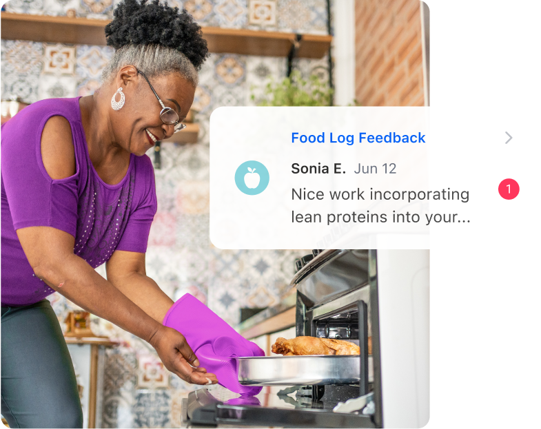 Graphic showing an elderly woman in a purple shirt putting food into her oven, with an overlay of the Teladoc Health app's Food Log feedback message.