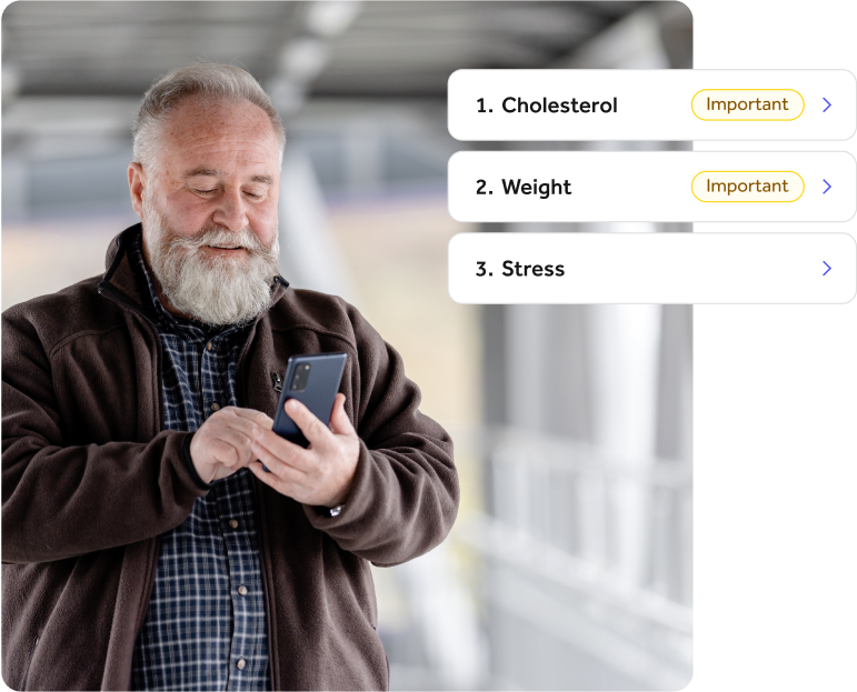 Elderly man smiling and using his phone, with an overlay of app UI showing tiles for Cholesterol, Weight, and Stress.