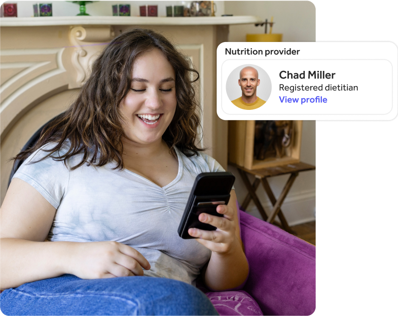 Alt text: Woman smiling at her computer on a purple couch, with an overlay of the Nutrition provider profile for Chad Miller, a registered dietitian.