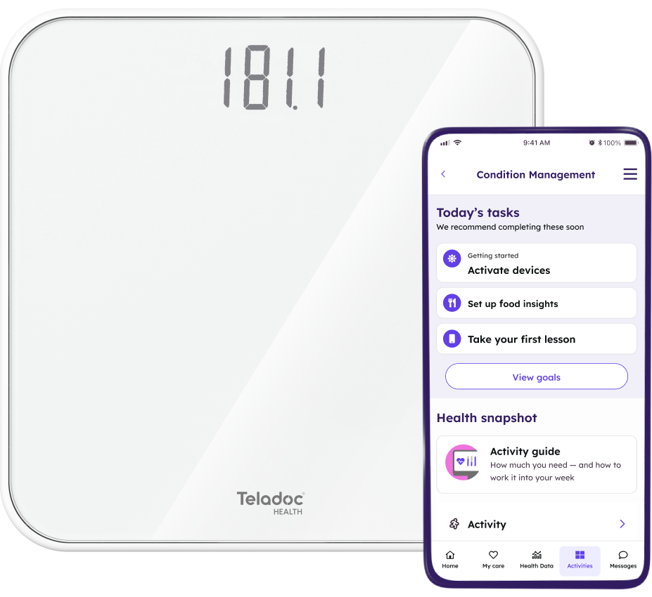 Teladoc Health scale and a phone with the homepage of the Teladoc Health condition management program.