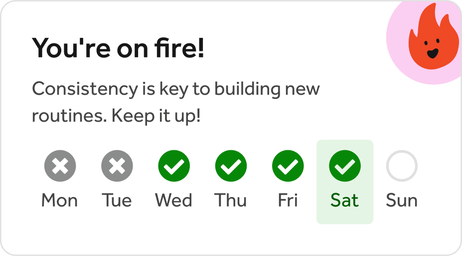 Teladoc Health app UI showing a member's consistency. The UI reads "You're on fire! Consistency is key to building new routines. Keep it up!" and shows 4 days in a row checked off.