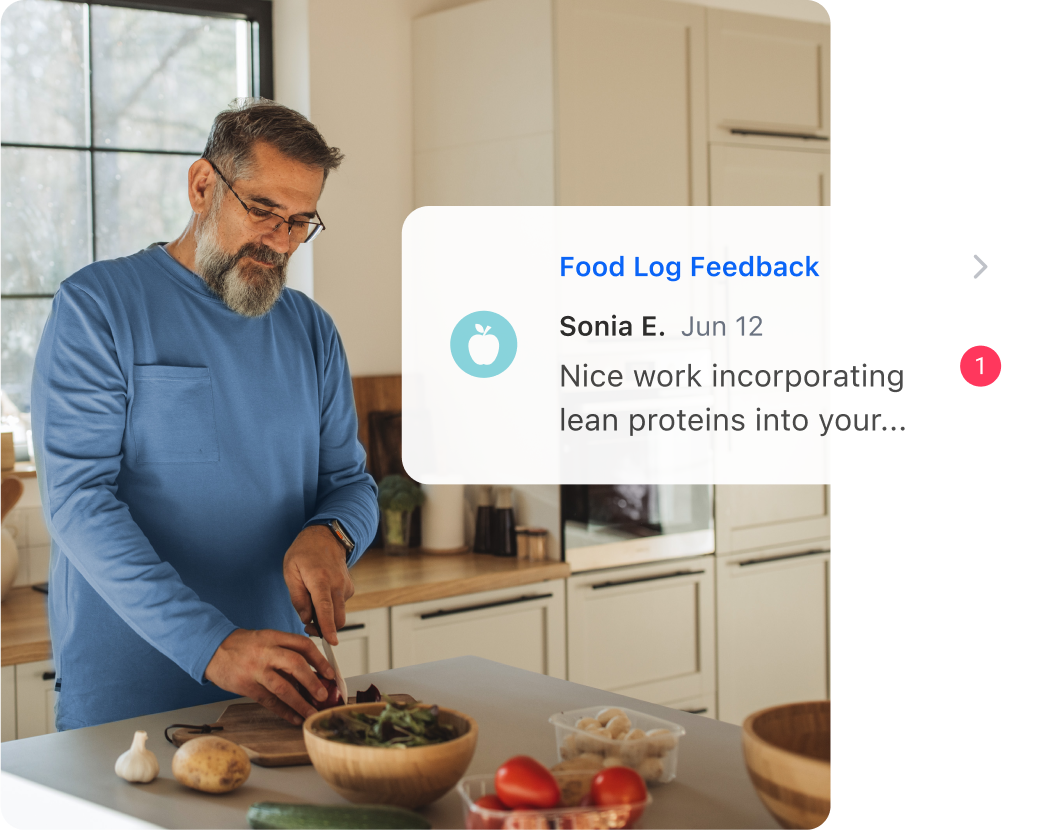 Graphic showing an elderly man in a blue shirt cutting up food, with an overlay of the Teladoc Health app's Food Log feedback message.