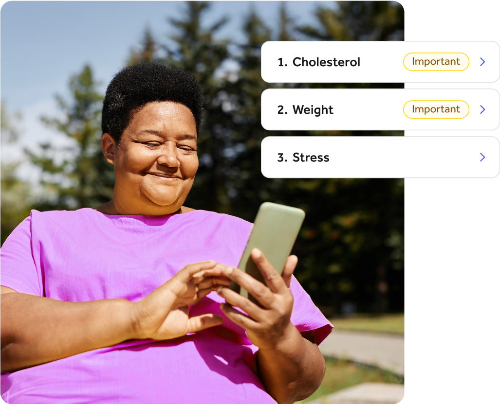 Elderly woman in a purple shirt smiling and using her phone, with an overlay of app UI showing tiles for Cholesterol, Weight, and Stress.