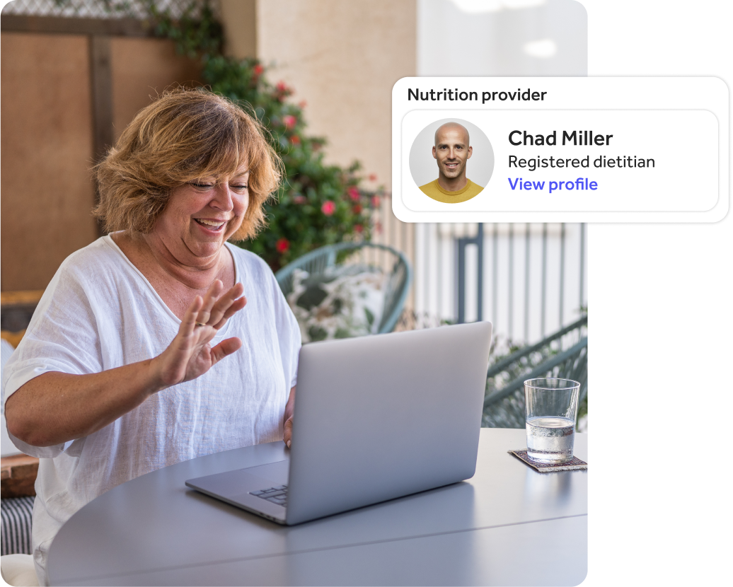 Woman smiling at her computer, with an overlay of the Nutrition provider profile for Chad Miller, a registered dietitian.