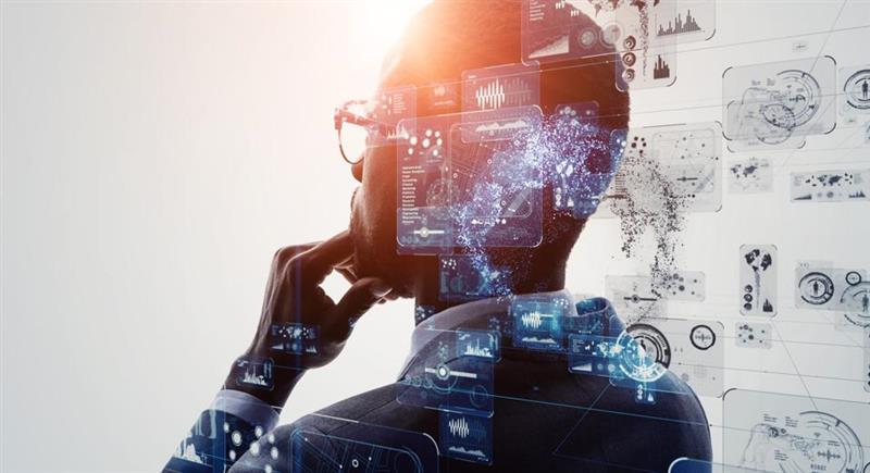 Person in glasses with digital interface graphics overlayed, appearing to think or analyze data.